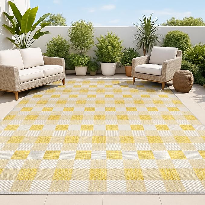 JONATHAN Y Geometric Bold Gingham Indoor Outdoor Area Rug 3X5 Yellow/Cream, Darcy Traditional for Backyard, Patio, Porch, Easy-Cleaning, High Traffic, Pet-Friendly, Non-Shedding (TSN201D-3)