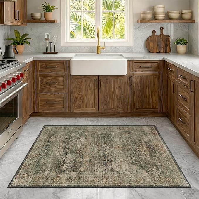Vintage Moss Green 3x5 Area Rug for Entryway, Kitchen, Bedroom & Laundry Room, Dark Academia Distressed Geometric Carpet, Washable, Low Pile Anti-Slip Backing, Stain & Fade Resistant