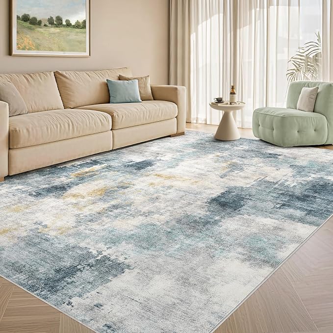 Tortania Washable 10x14 Area Rug for Living Room: Modern Abstract Neutral Large Soft Thin Rugs - Non Slip Indoor Carpet for Bedroom Dining Room Office Nursery Home Floor Decoration - Blue