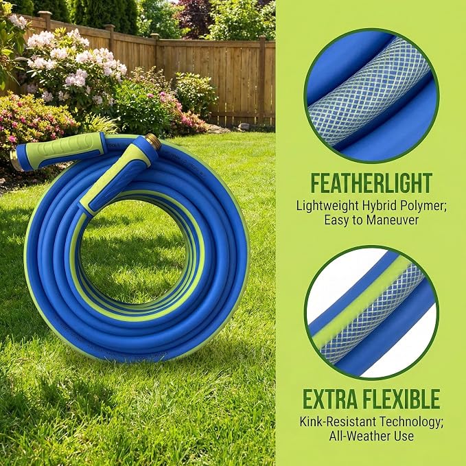 PremiumPro 50FT 5/8" Heavy Duty Reinforced Garden Hose, Large Flow,600 PSI Burst Pressure, Four Layer Hybrid Polymer Anti Kink with 360 Swivel Brass Connectors and handle for yard,washing & irrigation
