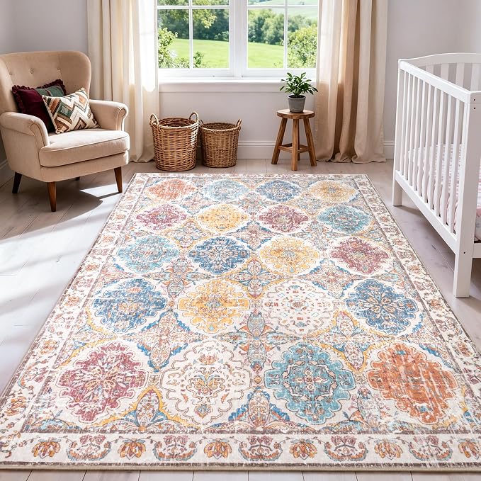 Moroccan Boho Floral Geometric Patchwork Washable 5x8 Large Area Rug | Vintage Distressed Non Slip Throw Carpet for Bedroom Livingroom Kitchen Hallway Entryway Office Dining Room Docer, Colorful