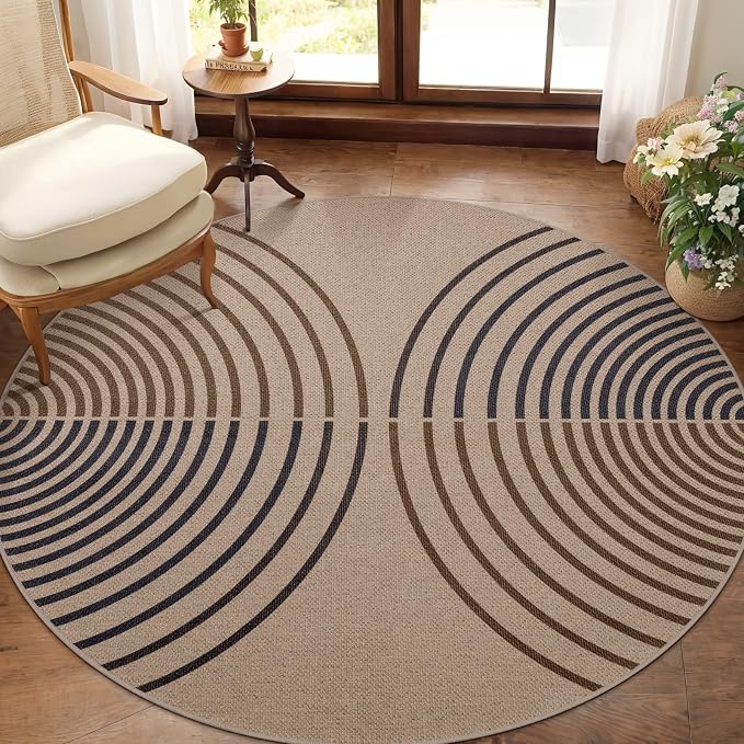 Tangsoo Modern Rainbow Round Rug 4ft Easy Jute Washable Rugs Ultra Thin Dark Brown Indoor Outdoor Rug Circle Farmhouse Mat Non Slip Round Carpet for Bedroom Kitchen Entryway Patio