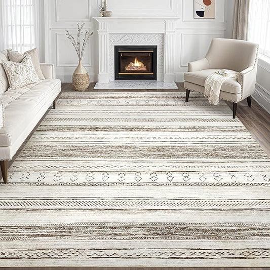 Tortania Area Rug Living Room Rugs - 9x12 Washable Large Soft Neutral Boho Moroccan Bohemian Farmhouse Rug Indoor Floor Carpet for Bedroom Under Dining Table Home Office Decor - Cream Brown