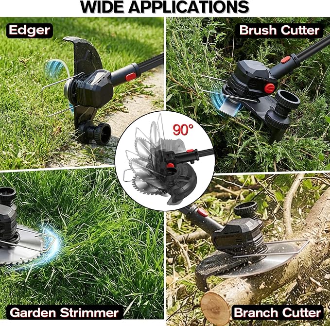 21V Cordless Weed Wacker Lawn Edger, 4.6lbs Lightweight Battery Powered String Trimmer, 4-in-1 Brush Cutter with Metal Blades, Wire Brush & Guide Wheel for Garden Edging (2 Batteries, 2.0Ah)