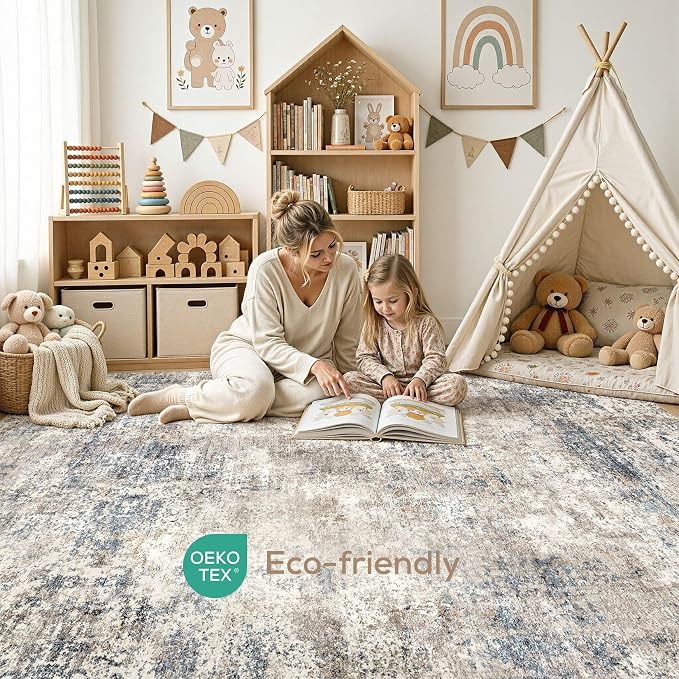 Nakagishi 8X10 Abstract Washable Area Rugs for Living Room-Blue Brown | Modern Non-Slip Silicone Backing Low Pile Soft Carpet for Bedroom Dining Decor Ideal for Families with Kids and Pets