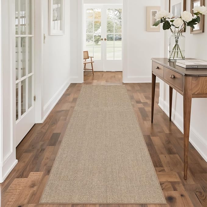 Outdoor Easy Jute Runner Rug: 2.5x8 Modern Natural Area Rugs for Front Patio Hallway Linen-Look Fabric Durable - Neutral Washable Mat for Entryway Kitchen Bedroom - Swirl Curved Pattern