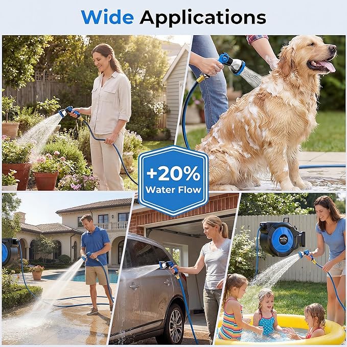 Retractable Garden Hose Reel, 1/2 Inch x 100 ft + 6.6 ft Heavy Duty Wall Mounted Hose Reel with 10 Patterns Nozzle, Any Length Lock, Upgraded Slow Return System, 180°Swivel Bracket and UV Resistant