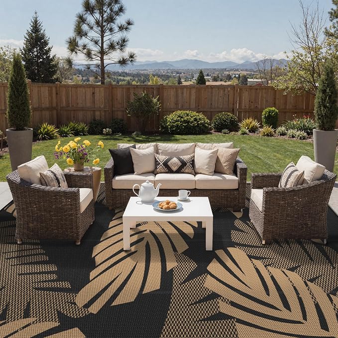 GENIMO Waterproof Outdoor Rug 10' x 14' for Patio Decor, Reversible Plastic Straw Area Rugs for Camping Clearance, RV Mat, Large Outside Carpet for Porch, Deck, Picni, Balcony, Garden, Black & Brown
