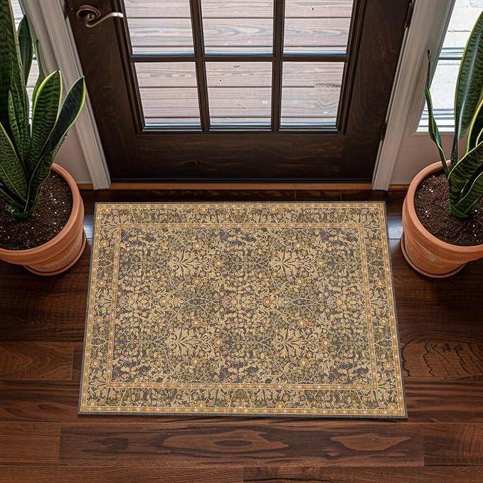 2x3 Area Rug Washable Entry Rug, Vintage Floral Thin Rug for Kitchen, Non-Slip Bathroom Small Rugs, Front Door Throw Rugs Indoor, Boho Entryway Decor (2x3 Goldenrod)