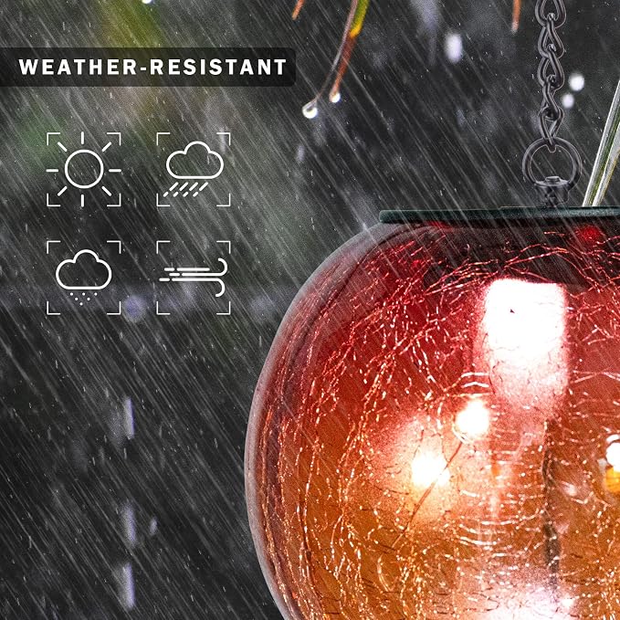 Mosaic Solar Hanging Lantern Orange Glass Outdoor Waterproof Solar Lights | Hanging Solar Lights for Outside, Cracked Mosaic Ball Lights Solar Powered Waterproof Garden Lights Housewarming Gifts