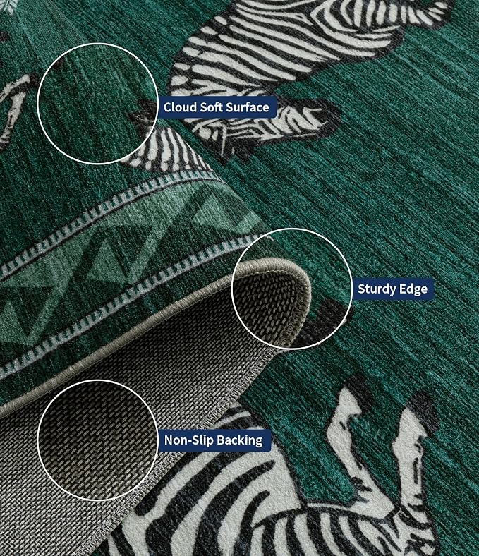 YIHOUSE Green Zebra Area Rugs 5×7, Washable Animal Print Rug with Southwestern Border, Non-Slip Low Pile Mid-Century Modern Carpet for Living Room, Bedroom, Dining Room