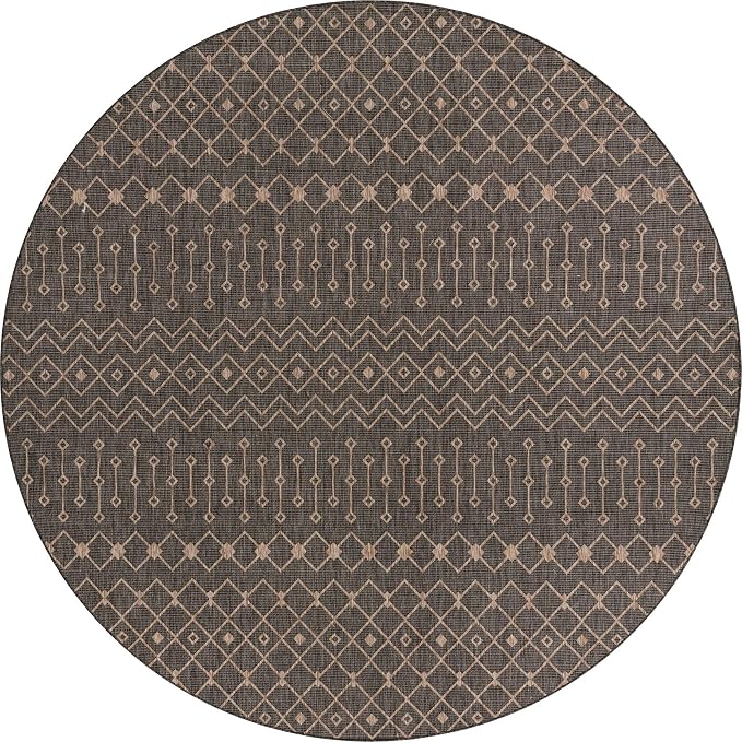 Unique Loom Outdoor Trellis Collection Area Rug - Tribal Trellis (13' Round, Charcoal Gray/ Natural)