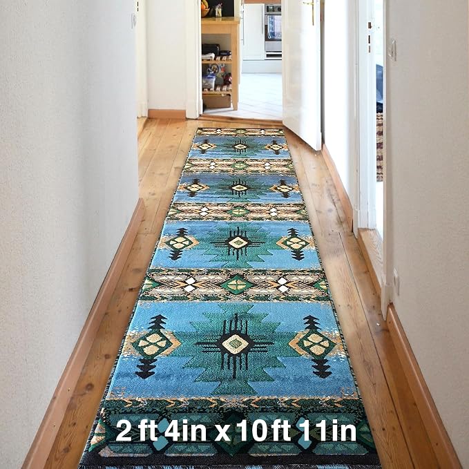 YHSF Southwest Native American Area Rug – Thick, Soft, Durable & Easy to Maintenance Tribal Design Boho Rug– Ideal for Bedroom, Living Room & Hallway - Blue-Green, 2 Feet 4 Inches x 10 Feet 11 Inches