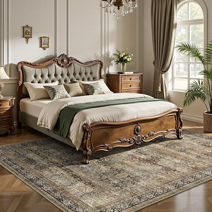 6x9 Area Rugs - Washable Vintage Retro Living Room Rug, Soft Ultra Thin Non Slip Low Pile Traditional Distressed Boho Carpet for Bedroom Dining Room Nursery Home Office, Charcoal Olive