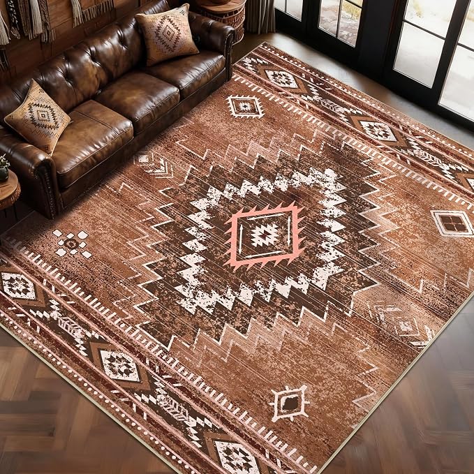 Yinhua Western 8x10 Rug for Living Room, Aztec Washable Rug for Bedroom | Soft Moroccan Large Area Rugs Non-Slip with Rubber Backing, Brown Non-Shedding Carpet for Office Nursery