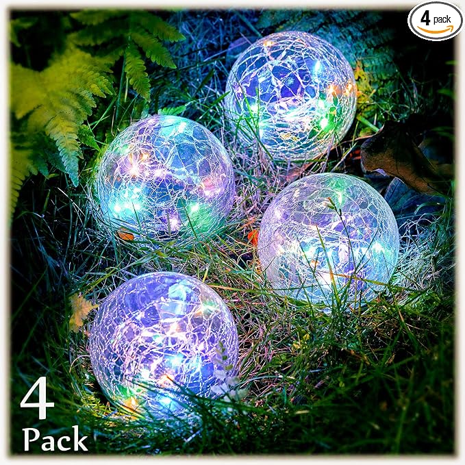 Honoson 4 Pcs Decorative Solar Globe Lights Outdoor Waterproof, 3.9 Inch | LED Cracked Glass Solar Garden Orbs and Ball Lights for Pathway, Walkway, Lawn, Patio, Yard and Backyard Decorations
