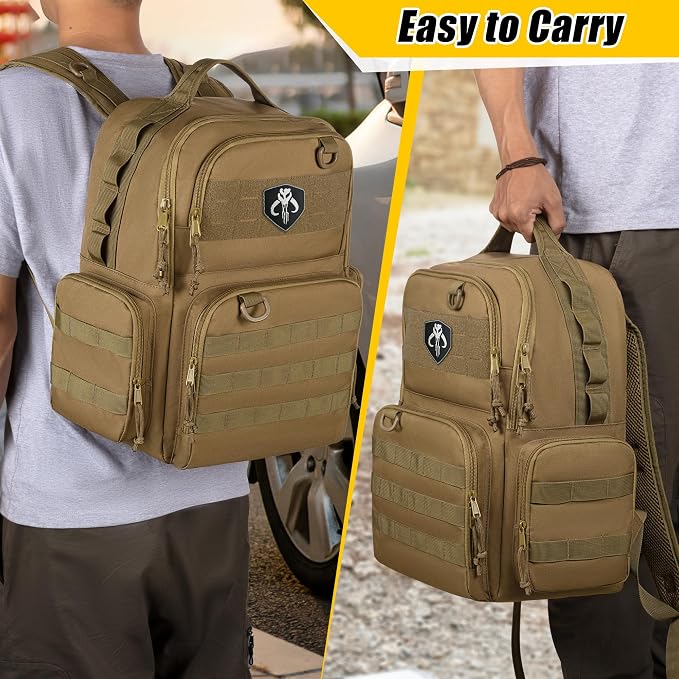 Rexmica Tool Bag Backpack for Men with 3 Tool Pouches, Heavy-Duty Tool Storage Organizer Bag with Padded Shoulder & Waist Support, Tactical Work Tool Bag for Electrician, Repairman, HVAC Techs, Khaki