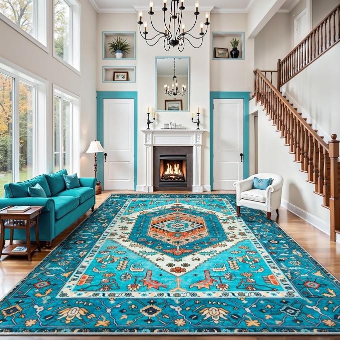 SERISSA 9x12 Washable Non Slip Boho Area Rug for Living Room，Blue | Ultra Soft Vintage Oriental Carpet Low-Pile Distressed Tribal Throw Carpet for Dining Room Bedroom Dorm Office Home Decor