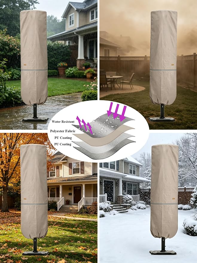 Patio Umbrella Cover with Rod for 7 to 11 Ft Umbrellas & 15 Ft Double-Sided Umbrellas, Protective Waterproof Cover with Zipper, Beige