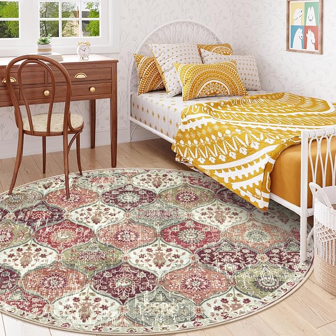 Lahome Moroccan Washable Round Area Rug, Soft Round Rugs 6ft Ultra-Thin | Non-Slip Trellis Vintage Large Circle Carpet for Bedroom Living Room Kitchen Nursery Elise, Orange Terracotta