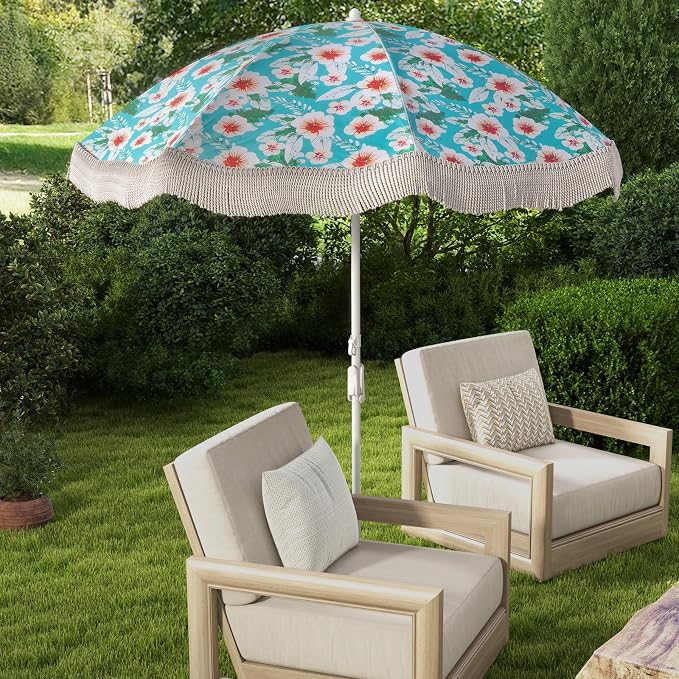 HAPPYGRILL 6.5 FT Outdoor Fringe Beach Umbrella, UPF50+ Sun Protection, Portable Sunshade with Carrying Bag, Push Button Tilt, Patio Tassel for Garden Lawn Poolside Table, Green
