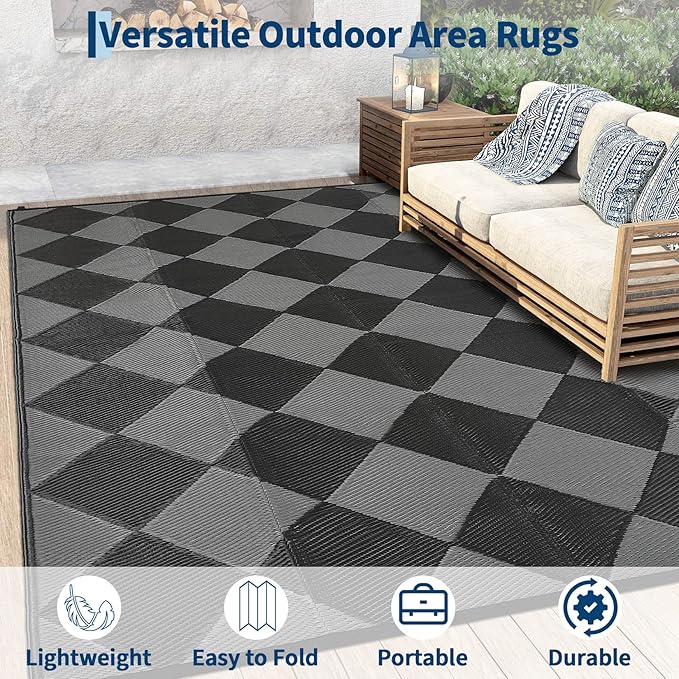 Garvee Outdoor Rug 9x18 Outdoor Patio Rug Reversible Plastic Straw Rugs Waterproof Foldable Mat Easy Clean Lightweight Carpet for Backyard Camping Porch RV Beach Balcony Deck Picnic Checkered Black
