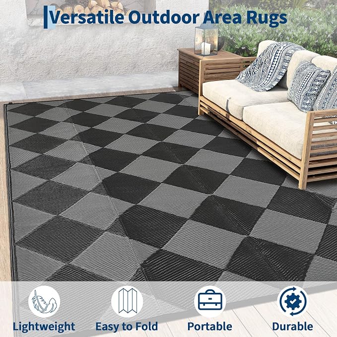 Garvee 9x12 Outdoor Rug for Patio Plastic Straw Rug Waterproof Reversible Mat Lightweight Foldable Carpet Easy Clean Large Rugs for Patio Porch Backyard Camping RV Beach Balcony Deck Checkered Black