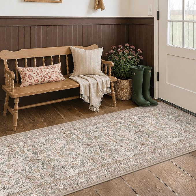 Traditional Cottagecore 2'6"x10' Hallway Runner Rug Non Slip - Washable 10 ft Extra Long Rug for Kitchen, Entryway, Neutral Taupe Cream Stain Resistant Carpet
