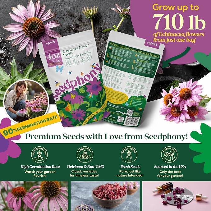 Seedphony Echinacea Seed Pack 4 oz - 37,500 Non-GMO Heirloom Echinacea Seeds for Planting, Perennial Flowers in Waterproof Seed Packet, Coneflower Seeds for Planting Garden Indoor & Outdoor Gardening