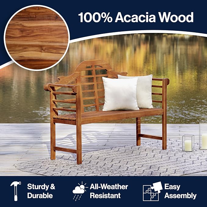JONATHAN Y Lutyens 51" Acacia Wood Outdoor Bench, 2-Person Garden Bench with Arched Slatted Back and Armrests for Patio, Porch, Backyard, 600 lbs Capacity, Teak Finish BNH103A