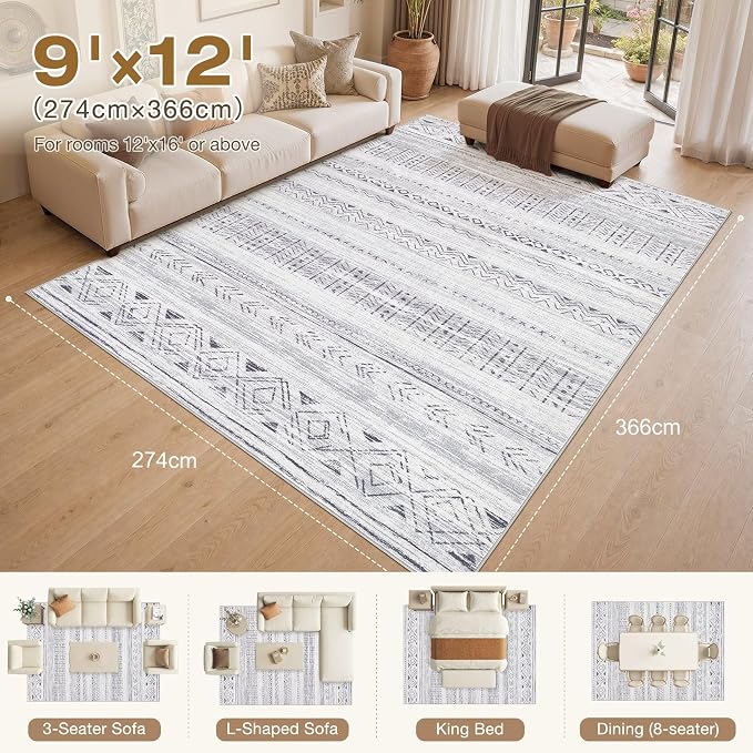 cotiled Boho 9x12 Area Rug for Living Room: Large Moroccan Washable Rug | Stain Resistan Carpet for Bedroom Farmhouse Dining Room Dark Grey