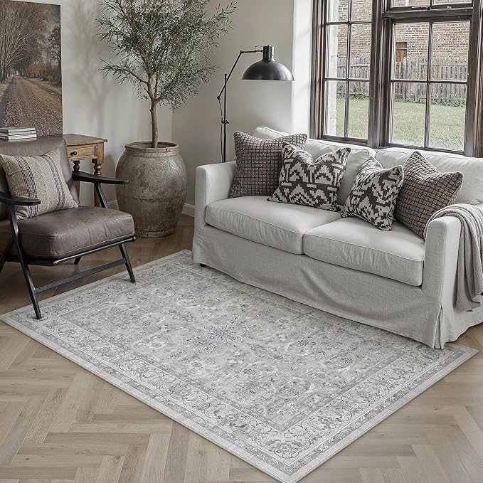 Gray 3x5 Washable Area Rug Bedroom Vintage Distressed Carpet | Soft Low Pile, Non Slip, Stain Resistant for Kitchen, Bathroom, Living Room, Office, Retro Accent Decor