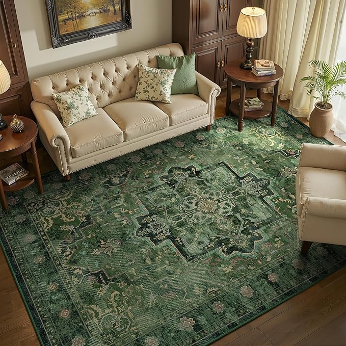 Dark Green Tranditonal 6x9 Area Rugs for Living Room, Vintage Distressed Medallion Printed Low Pile Thin Rugs for Bedroom, Washable Non Slip Soft Carpet for Dining Room Home Office Guest Room