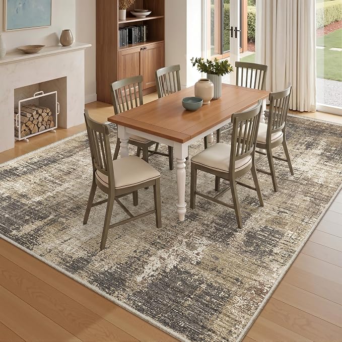 Valenrug 6x9 Area Rugs, Abstract Large Washable Rugs for Living Room, Taupe | Soft Thin & Lighweight, Folable, Stain Resistant Low Pile Non Slip Modern Distressed Carpet Rugs for Bedroom, Dining Room