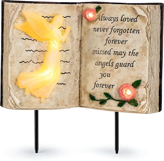 Solar Memorial Garden Lights, Angel Book Statue with Warm LED Glow, Weather-Resistant Outdoor Cemetery Decorations with 2 Removable Stakes, Sympathy Gifts for Loss of Loved One, Garden Yard Decor