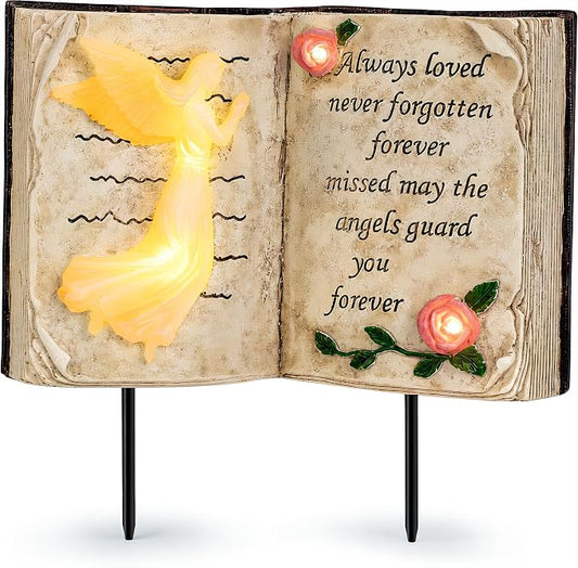 Solar Memorial Garden Lights, Angel Book Statue with Warm LED Glow, Weather-Resistant Outdoor Cemetery Decorations with 2 Removable Stakes, Sympathy Gifts for Loss of Loved One, Garden Yard Decor