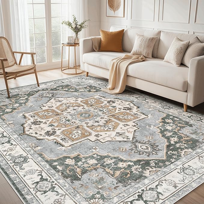 8x10 Washable Area Rug: Vintage Neutral Soft Non Slip Thin Large Floor Carpet for Living Room Bedroom Kitchen Dining Room Home Office Farmhouse Indoor - Green