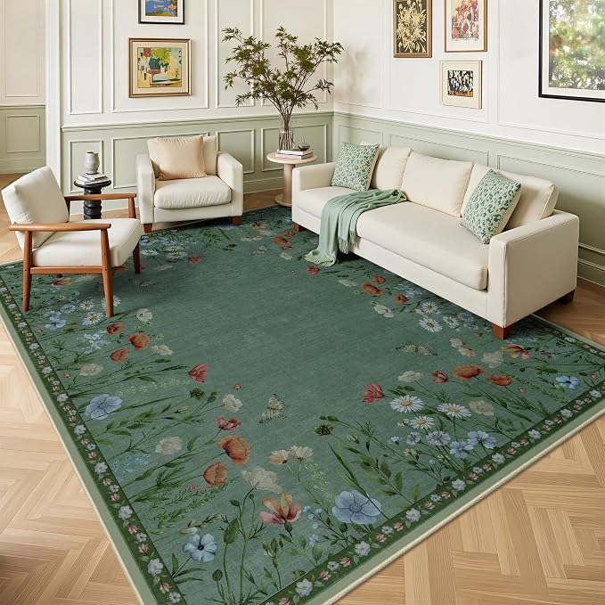 5x7 Area Rugs, Rug for Bedroom, Indoor Non-Slip Washable Rugs for Living Room, Dining Room, Low Pile Home Decor Floral Rug(Green)