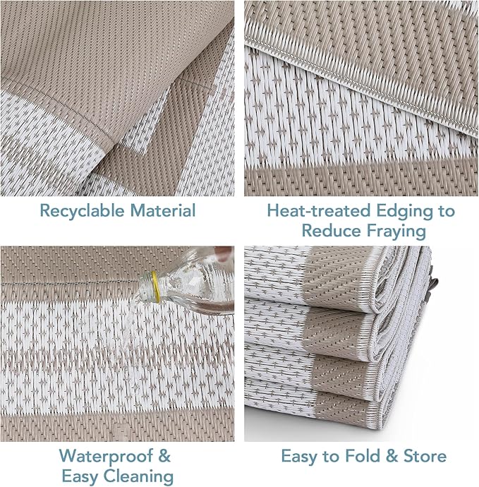 Garvee 9x12 Outdoor Rug for Patio Waterproof Reversible Mat Plastic Straw Rug Lightweight Foldable Carpet Easy Clean Large Rugs for Patio Porch Backyard Camping RV Beach Balcony Deck Panel Grey Brown