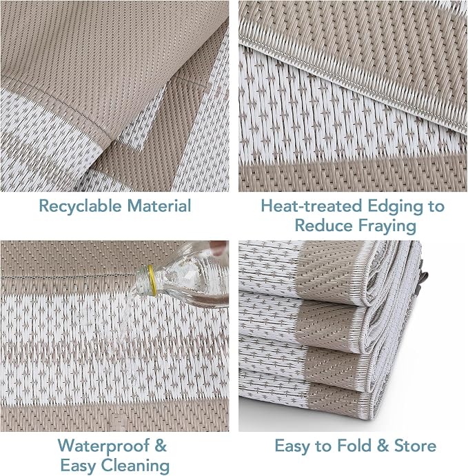 Garvee Outdoor Plastic Straw Rug 10x14 Patio Rug Waterproof Reversible Mat Lightweight Carpet Easy Clean Foldable Large Camping Rugs for Backyard Porch RV Beach Balcony Deck Picnic Panel Grey Brown
