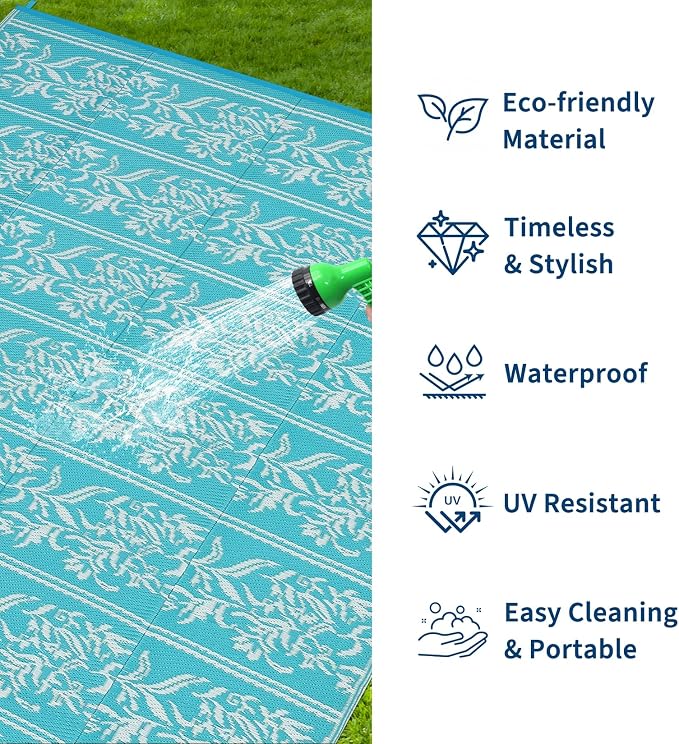 Garvee Outdoor Rugs 5x8 Waterproof Reversible Mat Boho Leaf Patio Rug with 4 Stakes and Starage Bag, Large Outdoor RV Mat Rugs for Camping, Picnic, Balcony, Deck, Backyard, Teal & White