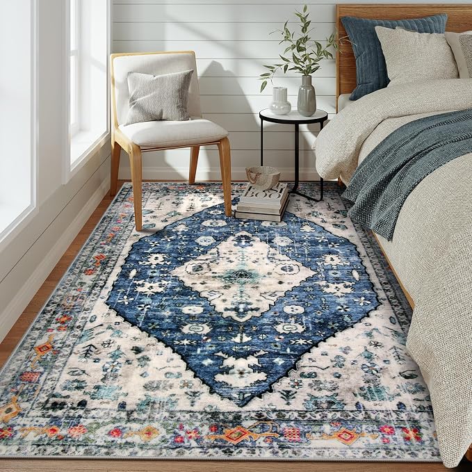 Lahome Felice Boho Tribal Area Rug - Blue 5x7 Large Rug for Bedroom Soft Non Slip Washable Non Shedding Living Dining Room Mat, Indoor Turkish Office Carpet for Dorm Kitchen Nursery Dining Bedroom