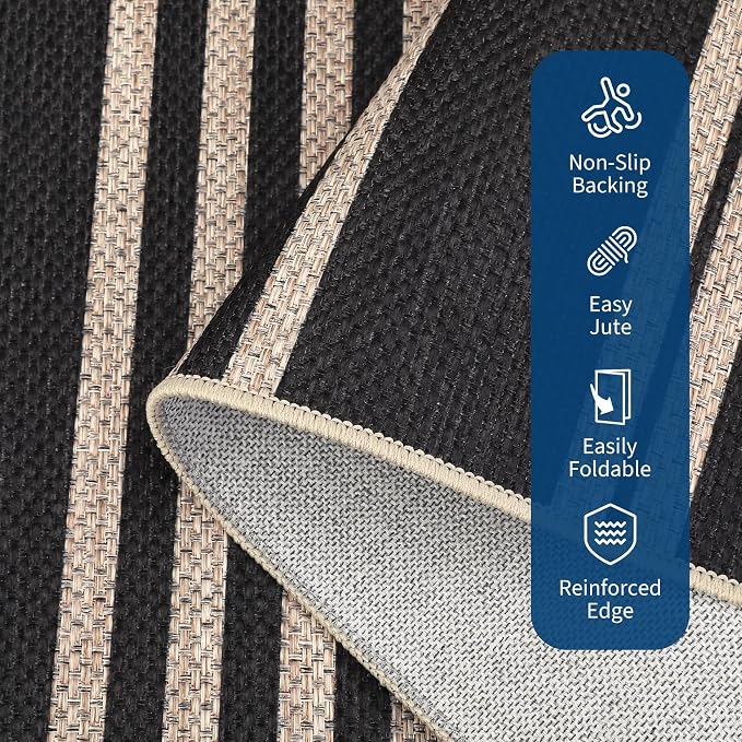 Garvee 5x7 Area Rugs Easy Jute Washable Rugs Living Room, Black & Natural | Modern Line Print Area Rug Stain Resistant Easy Cleaning Throw Rugs Non Shedding Low Pile Floor Cover for Nursery Dining Room