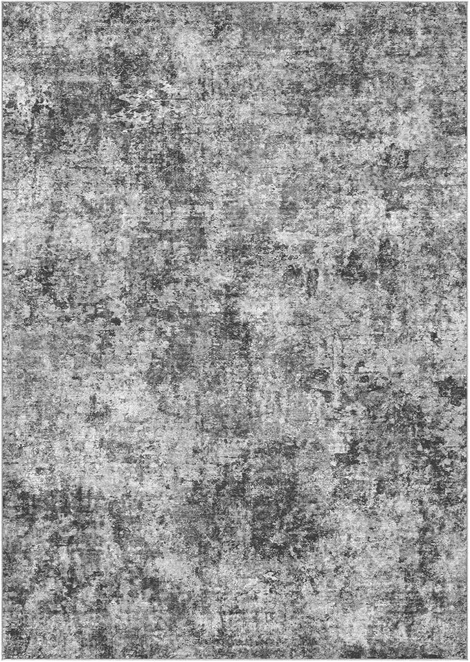 Tortania Washable 9x12 Area Rug for Living Room: Modern Abstract Neutral Large Soft Thin Rugs - Non Slip Indoor Carpet for Bedroom Dining Room Office Nursery Home Floor Decoration - Charcoal Grey