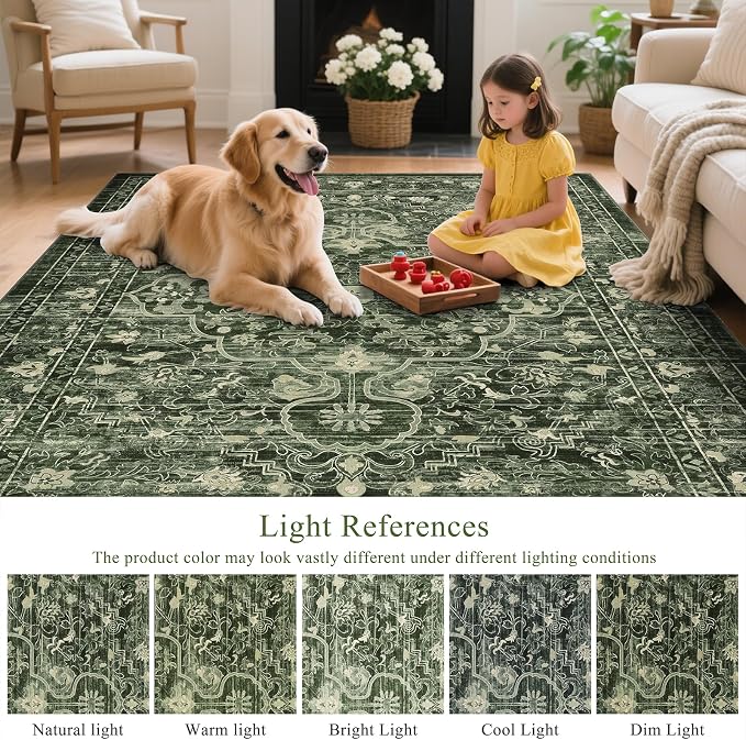 U'Artlines Boho Vintage Area Rug 8x10 Machine Washable Carpet, Dark Green | Low Pile, Non Slip, Ultra-Thin Soft Floor Carpet, Accent Rug for Living Room Bedroom Dining Room Office