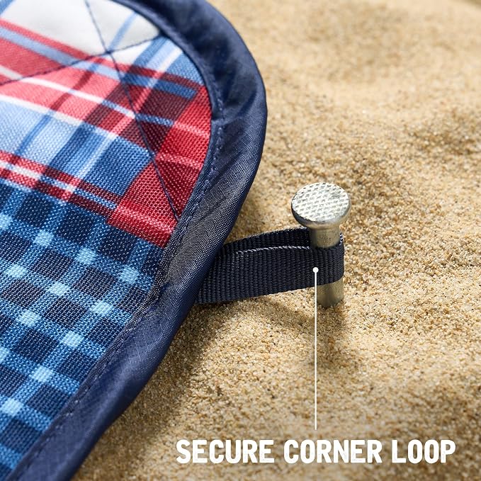 Weatherproof Vintage Waterproof Outdoor Blanket- Blue and Red Roll Up Throw Blanket with Handle, Velcro Closure - Camping Supplies, Travel Blanket for Beach, Picnic & Events, 60"x72" (Madras)