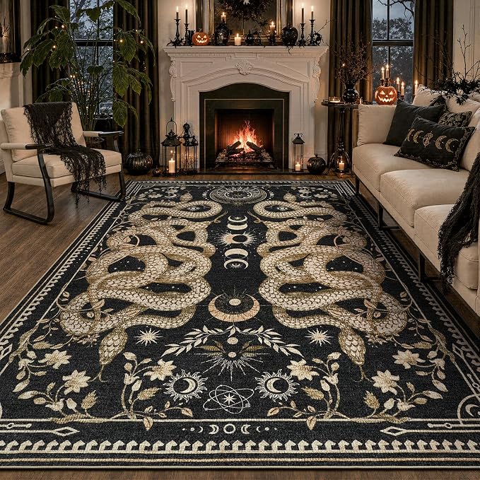 DCX 5x7 Snake Rug for Living Room: Gothic Washable Indoor Carpet Black | Non-slip backing makes this washable, soft, low-pile rug safe & easy to clean. Pet-friendly for bedrooms and offices