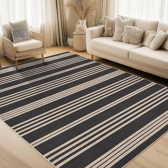 Garvee 8x10 Easy Jute Washable Rugs for Living Room, Black & Natural | Modern Line Print Area Rug Stain Resistant Easy Cleaning Throw Rugs Low Pile Floor Cover for Nursery Dining Room Apartment