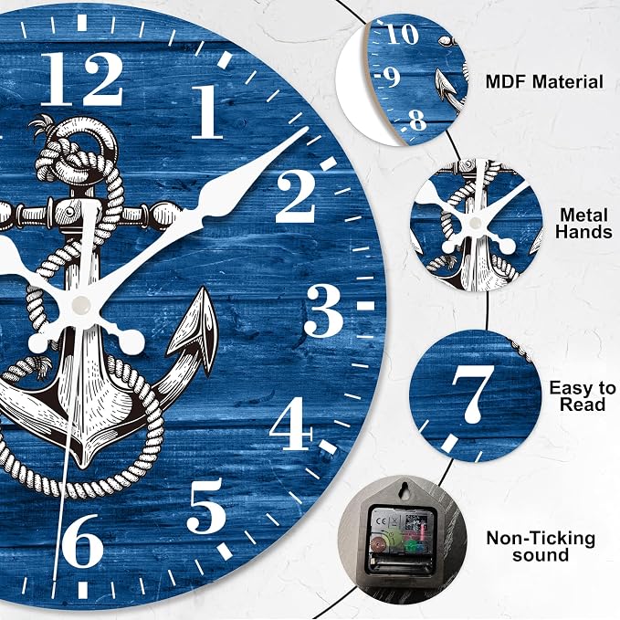Wall Clock, Nautical Anchor on Blue Wood Silent Non Ticking Battery Operated Round Decorative Indoor Outdoor Clocks for Living Room Kitchen Bedroom Bathroom Patio 12"