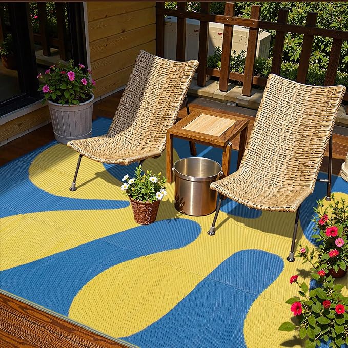 Lahome Plastic Ocean Coral Outdoor Rug, 6x9 Funnky Waterproof Outdoor Patio Rug, Portable Lightweight Rv Mats for Outside Camping Beach Picnic, Blue 6'x9'
